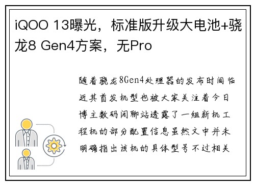 iQOO 13曝光，标准版升级大电池+骁龙8 Gen4方案，无Pro