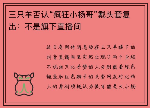 三只羊否认“疯狂小杨哥”戴头套复出：不是旗下直播间