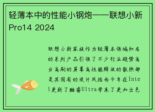 轻薄本中的性能小钢炮——联想小新Pro14 2024