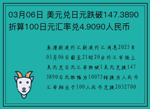 03月06日 美元兑日元跌破147.3890 折算100日元汇率兑4.9090人民币