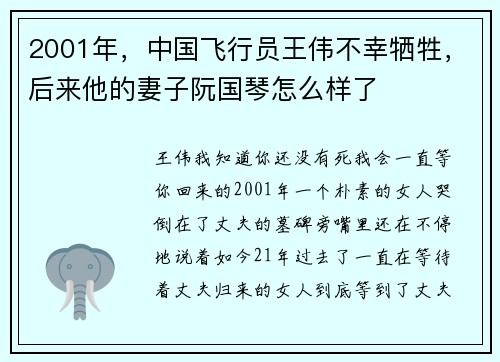 2001年，中国飞行员王伟不幸牺牲，后来他的妻子阮国琴怎么样了