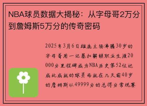 NBA球员数据大揭秘：从字母哥2万分到詹姆斯5万分的传奇密码
