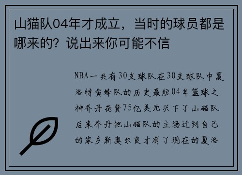 山猫队04年才成立，当时的球员都是哪来的？说出来你可能不信