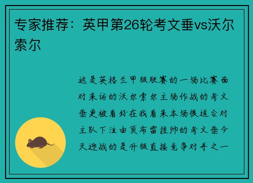 专家推荐：英甲第26轮考文垂vs沃尔索尔